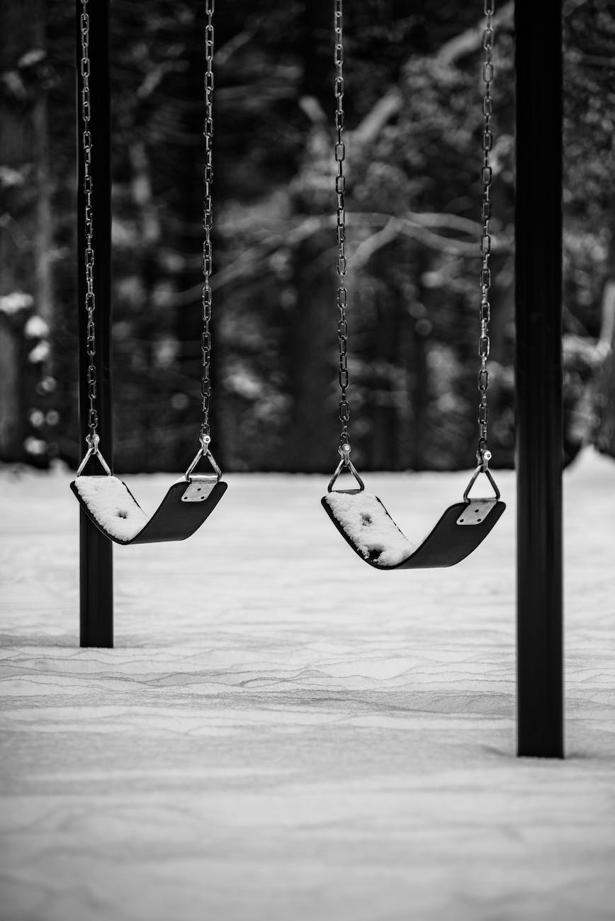 grayscale photo of outdoor swings